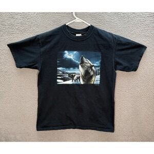 Vintage Anvil Shirt Mens Medium Dark Blue Wolf Nature Grunge Faded 90s Y2K